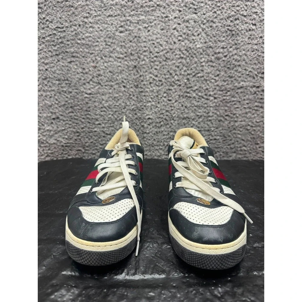 Gucci Screener Lace Up Leather Low Top Sneakers Black White Mens Size 12 US